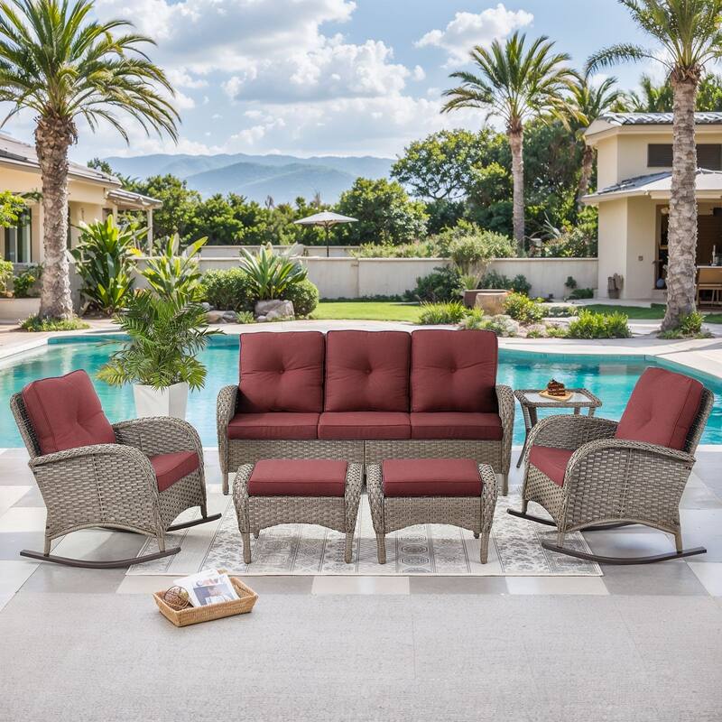 6-Piece Sofa with Rocking Chairs Ottomans Set - Grey - Red