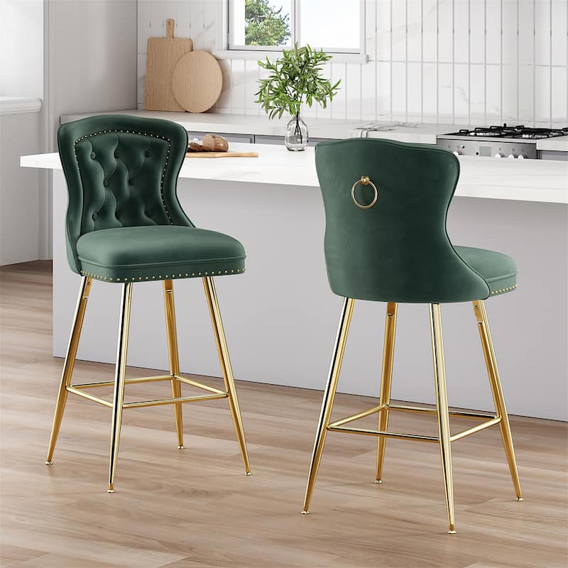 Velvet Bar Stools with Metal Legs, Button Tufted and Nailheads Trim (Set of 2) - Green