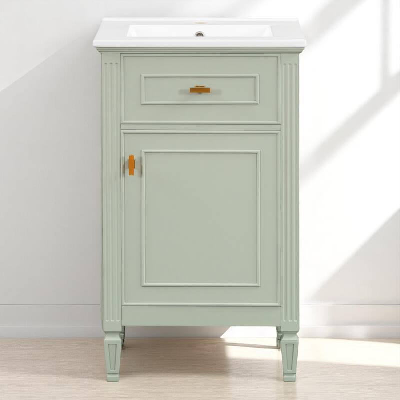 20" Bathroom Vanity with Sink, Freestanding White Cabinet with Ceramic Basin, Tilt-Out Drawer, Adjustable Shelf, Solid Wood Legs