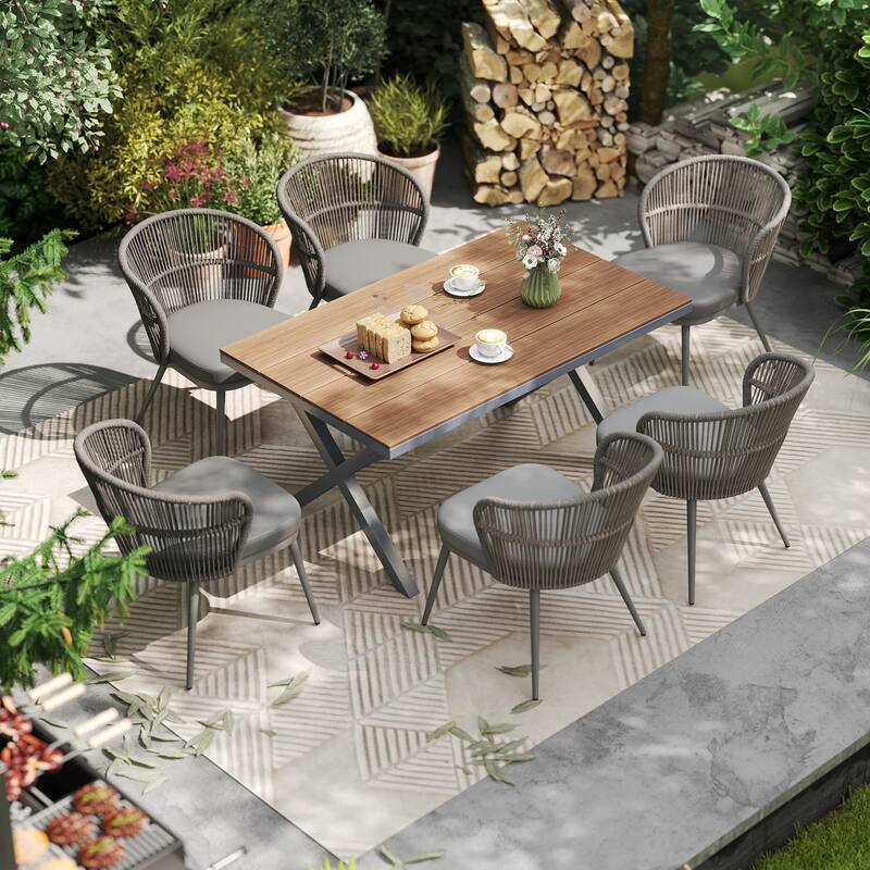 Outdoor 7-Piece Dining Chair with Shell-Shaped backrest and Table Set - Dark Grey