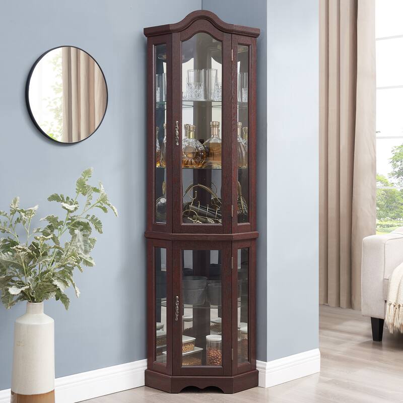 GDFStudio - Storage Corner Curio Cabinet with Lighted Glass Shelves