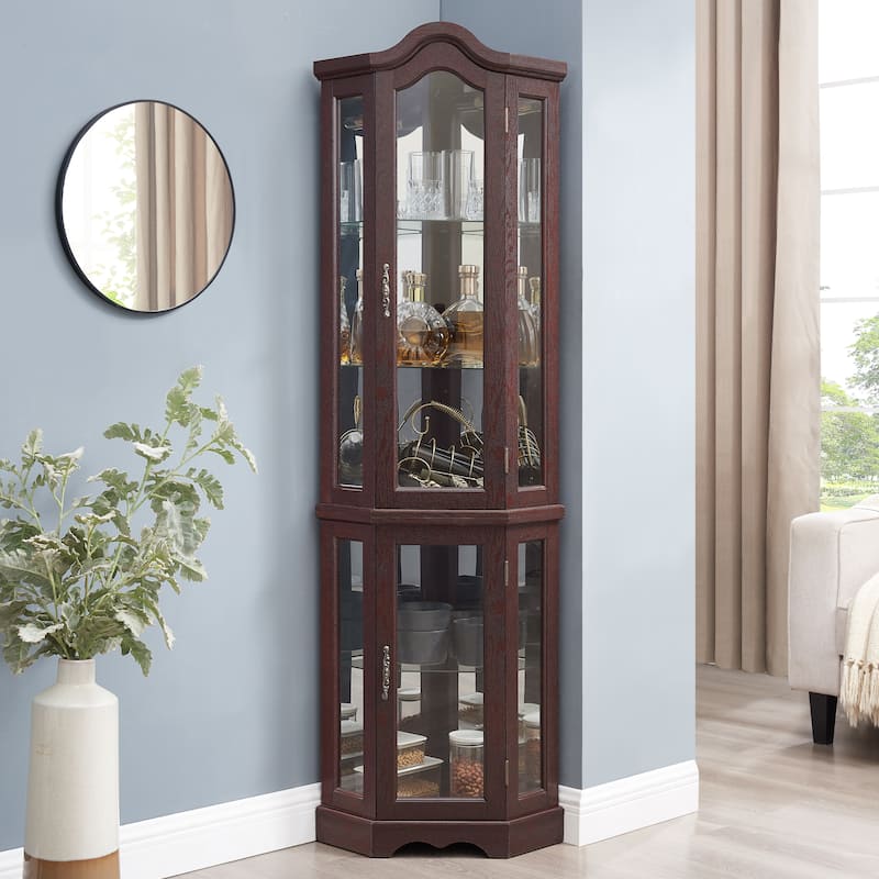 Lighted Glass Display Curio Cabinet, Curved Wood Corner Cabinet, China Cabinet with Tempered Glass Doors & Shelves