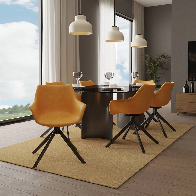 Markley Leather Swivel Dining Armchair with Black Iron Base - Accent Dining Chair for Kitchen and Dining Room Set of 4