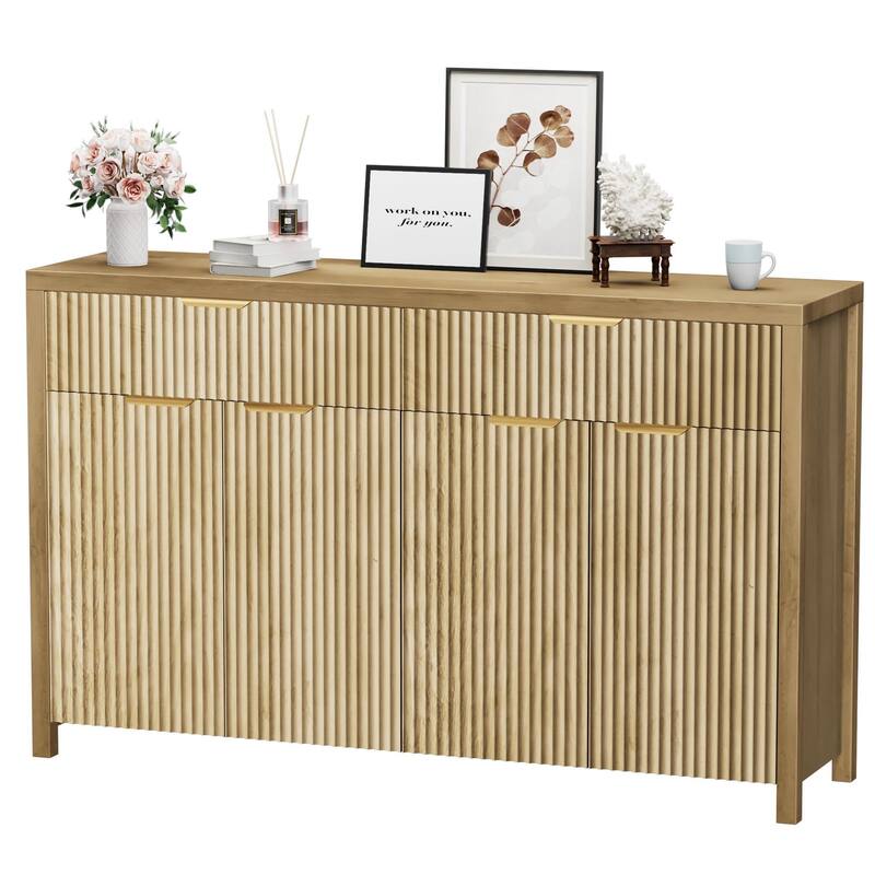 55"Fluted Sideboard Buffet Cabinet with Storage Drawers and Adjustable Shelves - Natural