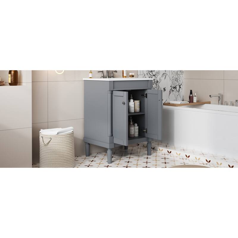 Bathroom Vanity with Sink, Wood Bathroom Storage Cabinet, Small Bathroom Vanity with 2 Soft Closing Doors & Storage Shelves聽