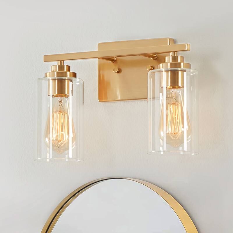 KAWOTI 2-Light Dimmable Bathroom Vanity Light with Clear Glass Shade - Antiqued Brass