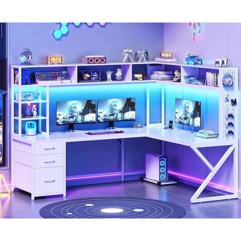 L Shaped Gaming Desk with Storage Shelves and Hutch Computer Desk 3 Drawers - White