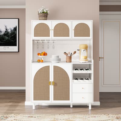 Roomfitters Accent Storage Cabinet with Rattan Doors, Buffet Sideboard with Wine Rack and Drawers, White