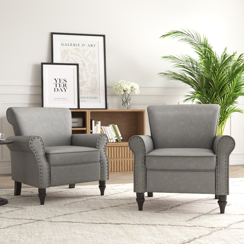 Rolled Armrests PU Accent Chair with Nailhead Trim (Set of 2)