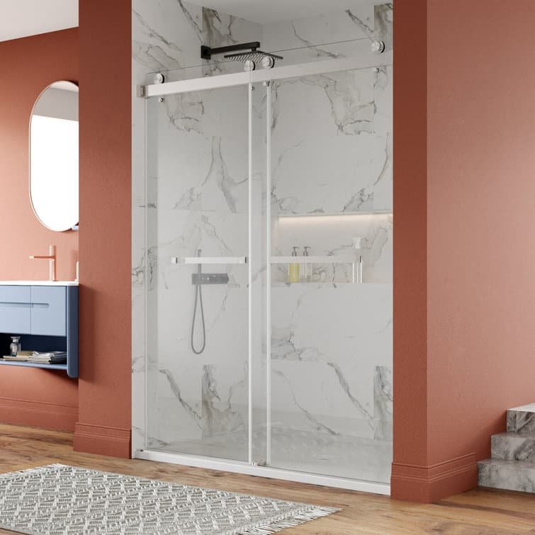 DeerValley 56" - 60" W x 76" H Double Sliding Frameless Shower Enclosure, Stainless Steel Accessories