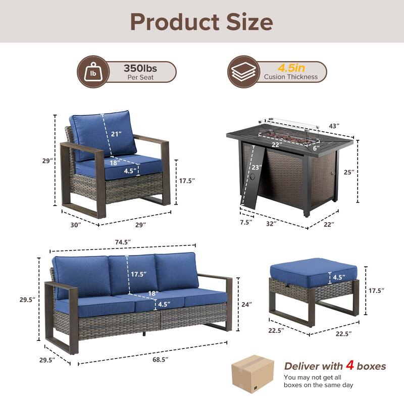Meyreso Wicker Patio Conversation Set with Metal Fire Pit Table & Olefin Cushions