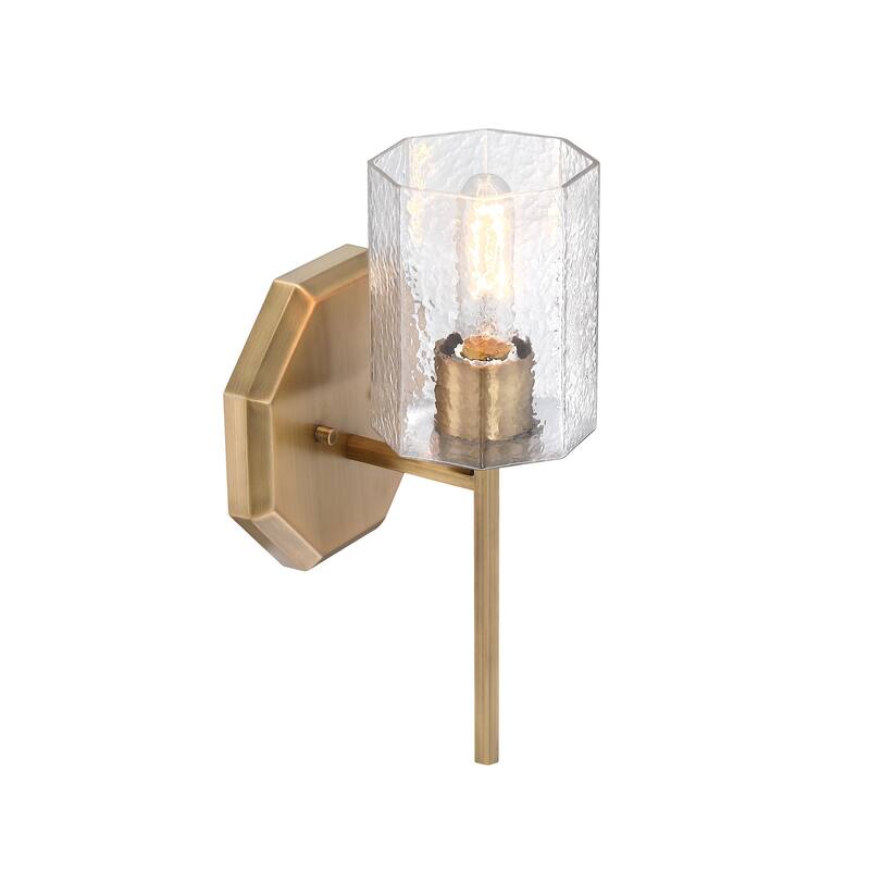 Haven 7 in. 1-Light Old Satin Brass Wall Sconce Light with Clear Rippled Glass Shades for Bathrooms