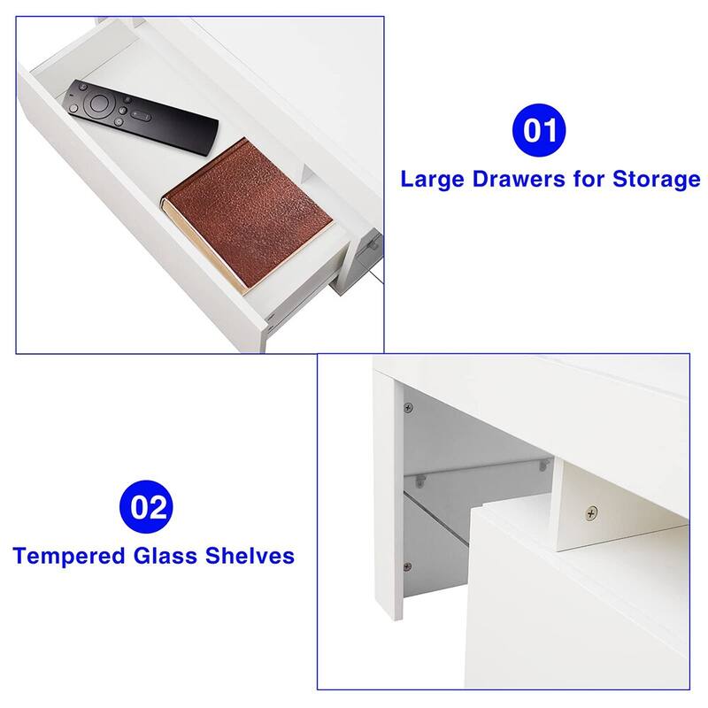 Modern TV Stand up to 70" TV with 2 Drawers & Shelves, LED Lights - 63"W x 14"D x 18"H