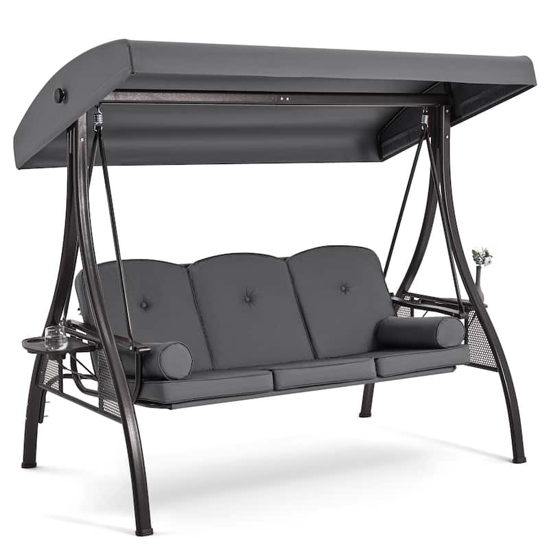 3-Seat Patio Swing with Adjustable Canopy, 750lbs Heavy Duty, Convertible Outdoor Bed, All-Weather, Cup Holders & Thick Cushions