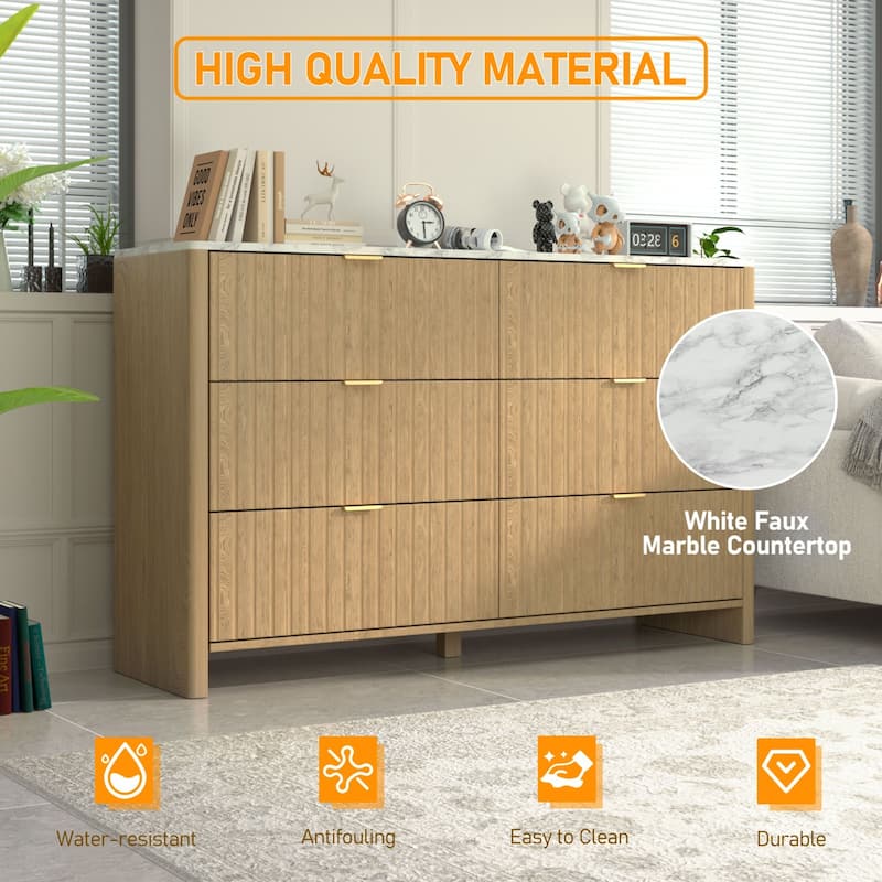 VEIKOUS 6-Drawer Dresser for Bedroom, Wooden Chest of Drawers with White Faux Marble Top