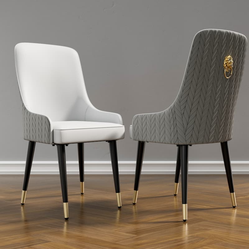 Set of 2 Microfiber Leather Luxury Upholstered Dining Chairs with Lion Head Pull Ring - Grey