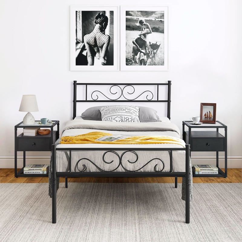 3-pieces Platform Bed Frame and Glass Top Nightstands Set of 2