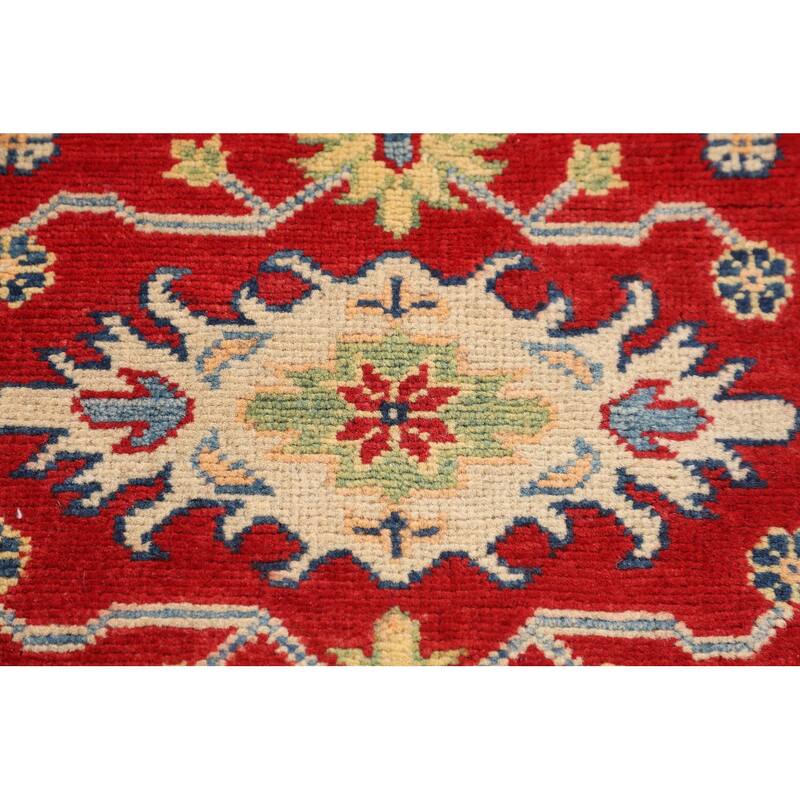 Red Geometric Kazak Oriental Accent Rug Bathroom Handmade Wool Carpet - 2'10" x 4'1"