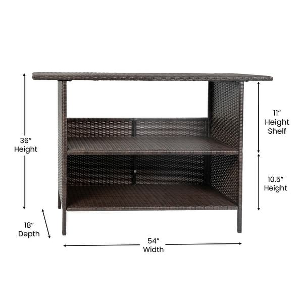 dimension image slide 0 of 2, Indoor/Outdoor Wicker Rattan Patio Bar Counter Table with Two Shelves