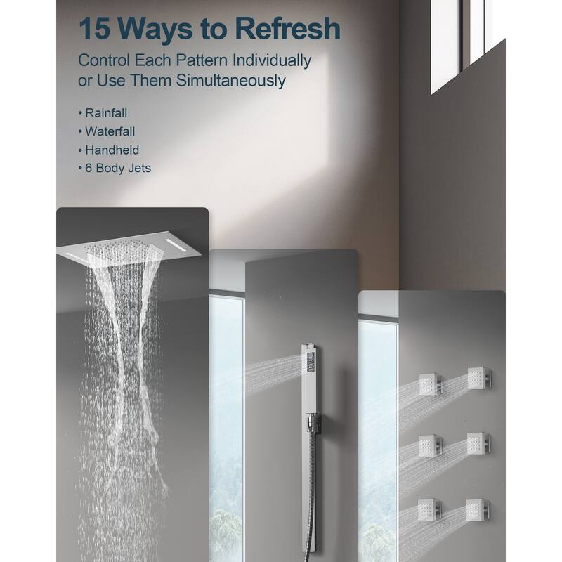GRANDJOY Luxury Shower Faucets 22" LED Ceiling Mount Rainfall Shower Head System with 6 Body Jets
