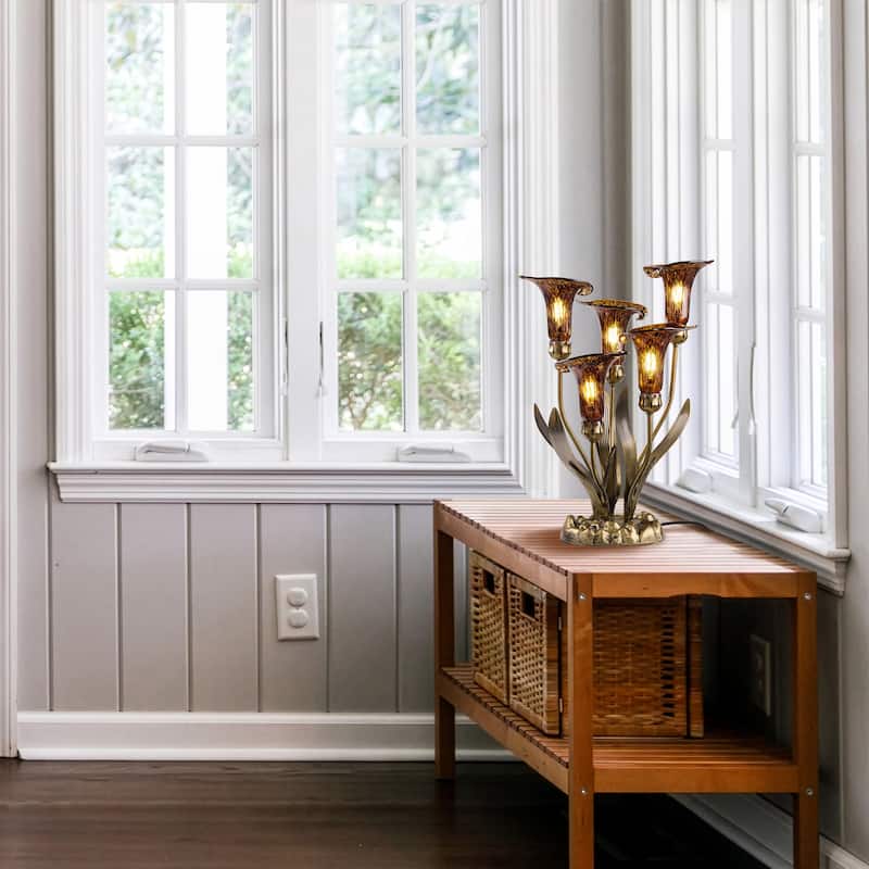 20-inch Antique Brass and Hand Blown Glass 5 Calla Lily Uplight Accent Lamp - 15" x 14" x 20"