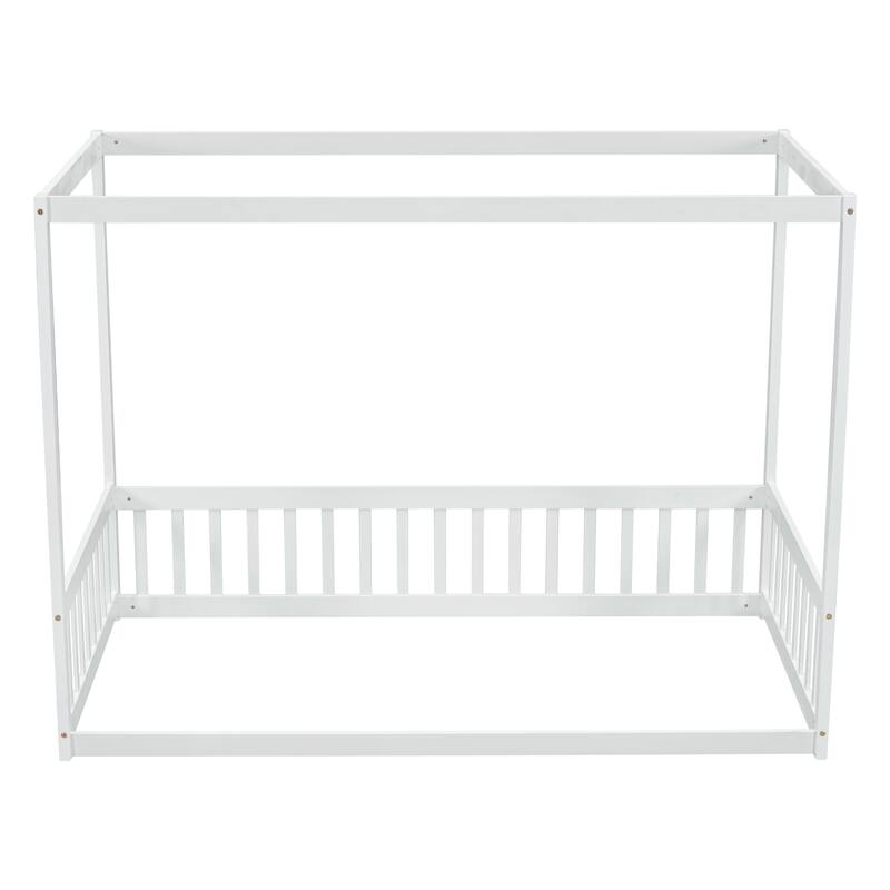 Twin Size Canopy Frame Floor Bed with Fence, Guardrails