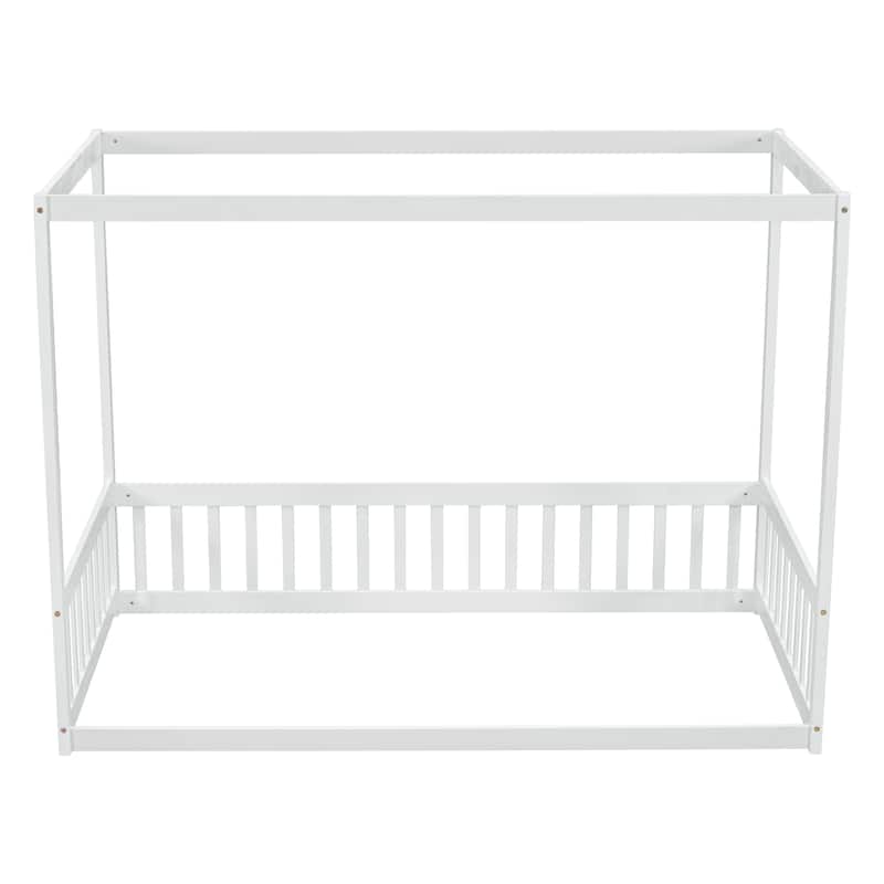 Wood Canopy Frame Floor Bed with Fence,Guardrails