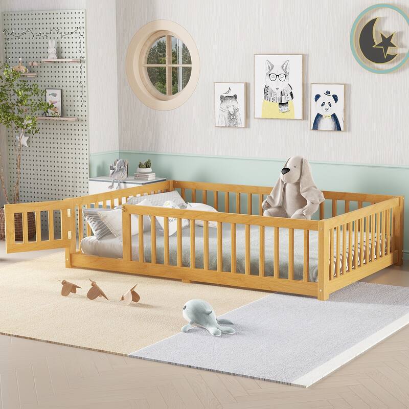 Montessori Toddler Floor Bed with Fence and Switchable Door, Low Profile Bed Frame with Removable Slats, Safe Transition Bed