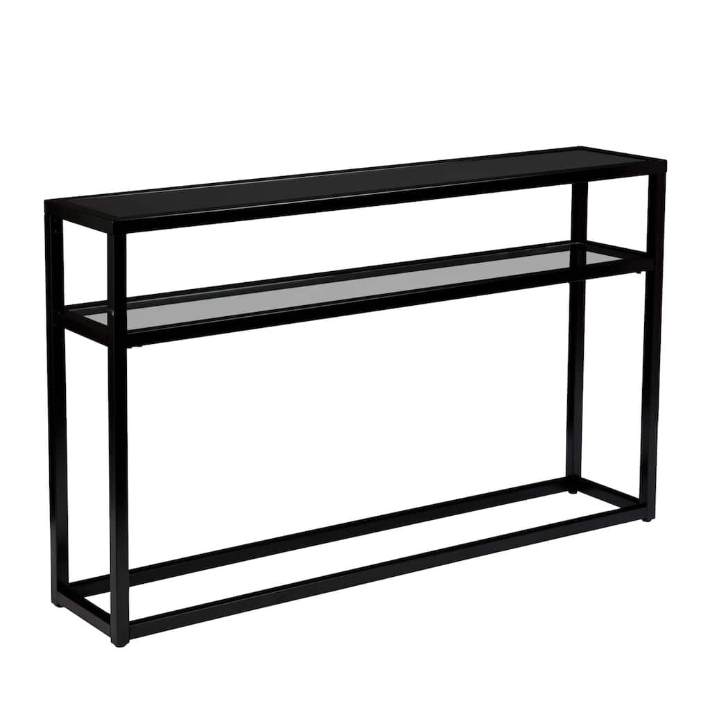 Black Glass Rectangular Console Table with Shelf and Metal Frame - 50.25" L x 10" W x 30.25" H