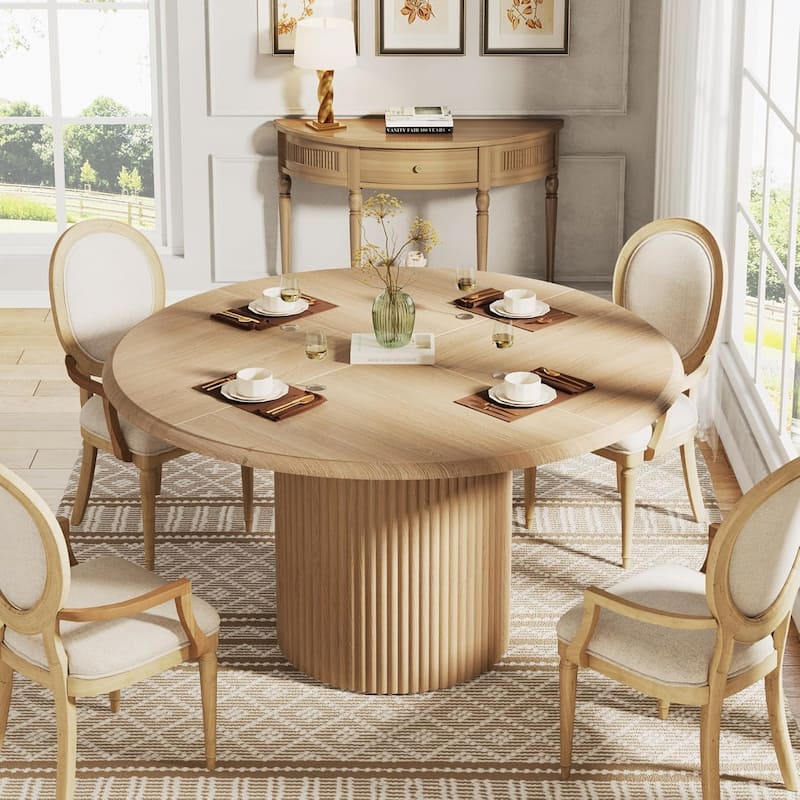 Round Dining Table Kitchen Table, Farmhouse Dinner Table with Metal Base - Beige