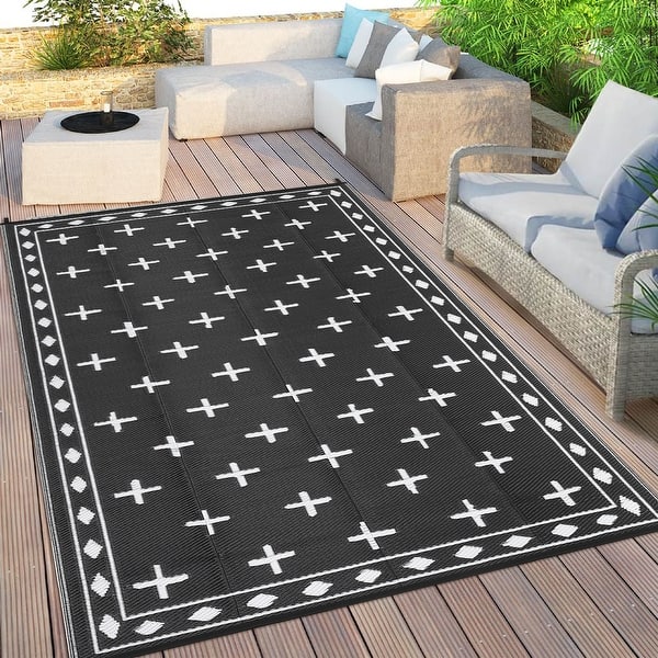 slide 2 of 45, Garvee Cross Pattern Waterproof Reversible Outdoor Patio Rug 10'x14' - Black White