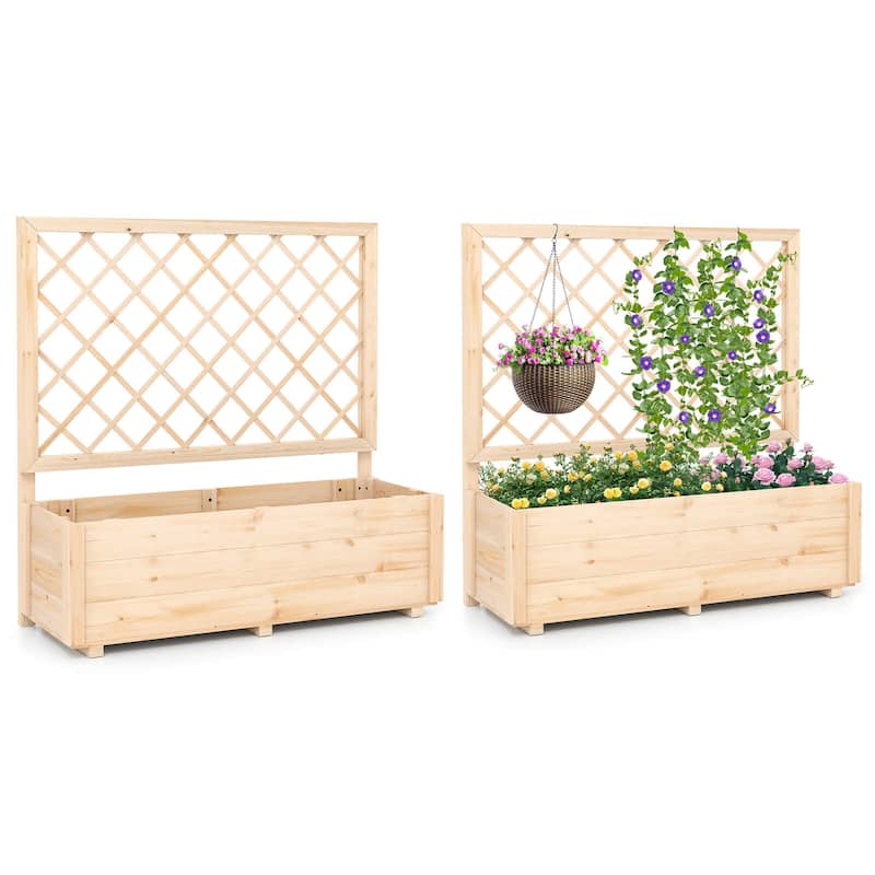 Costway 1/2 PCS 40" Wooden Raised Garden Bed with Lattice Trellis for - Natural - 2 PCS