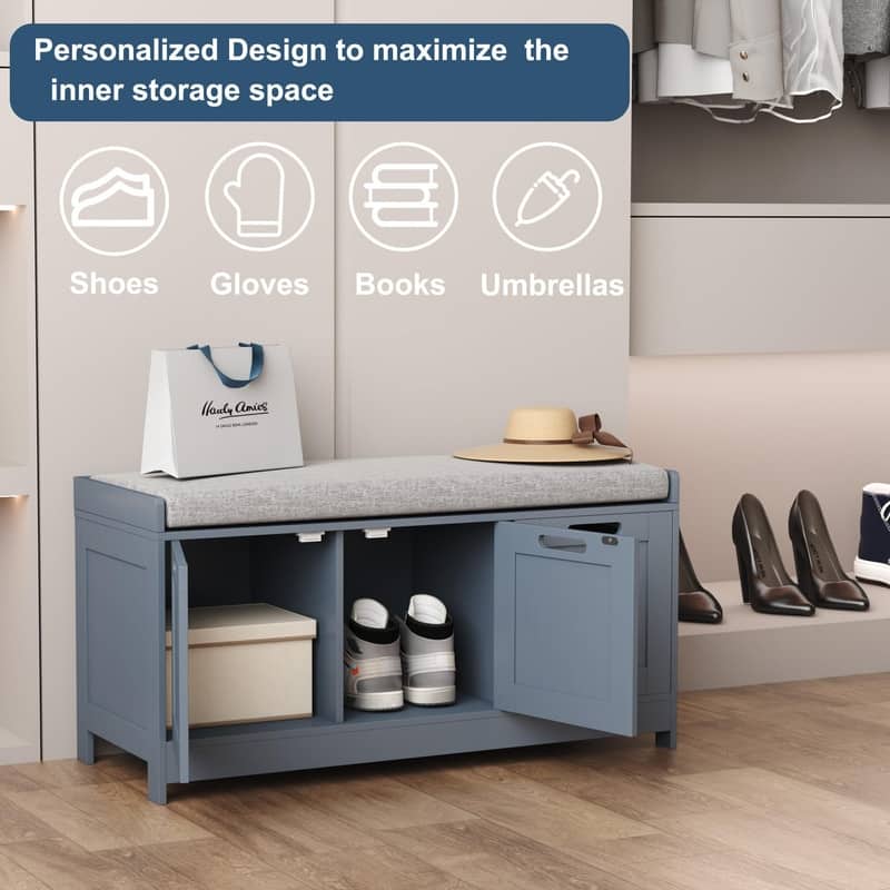 Wooden Shoe Bench with 3-Door Cabinets - 12.6"D x 35.3"W x 17.7"H