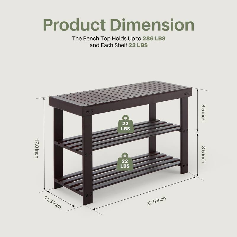 3-Tier Bamboo Shoe Rack Bench with Storage, Black, Brown, Wood
