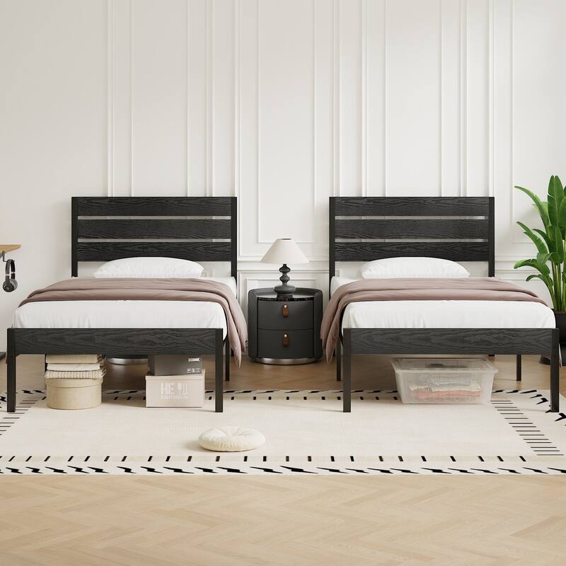 VECELO Twin Size Kids Bed Frames with Headboard and Footboard,Twin Size Bed Set of 2 - Black