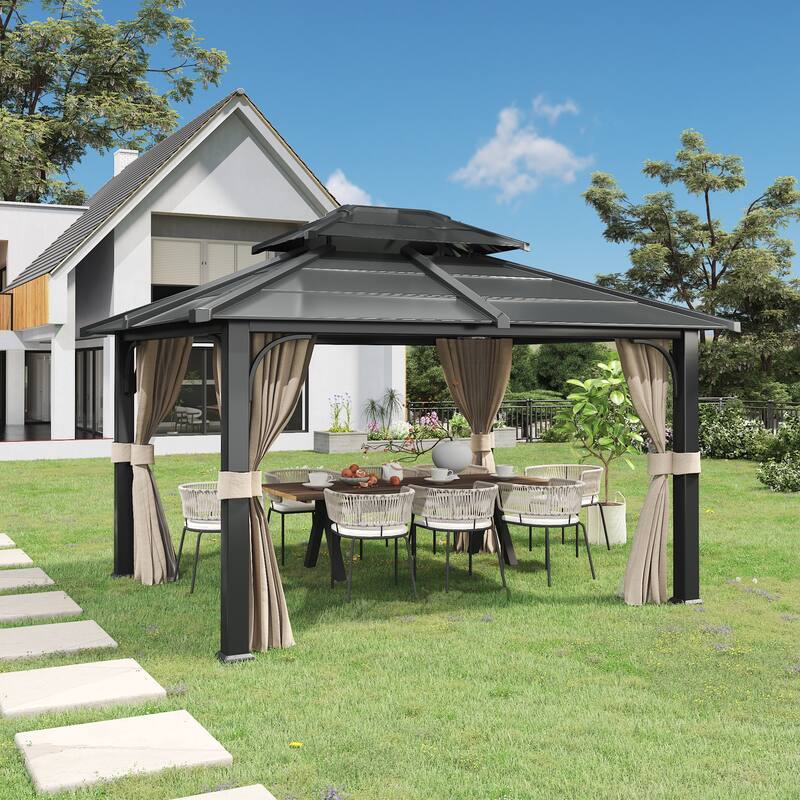 EROMMY Anti-Rust Coating Iron Hardtop Sun Shade Shelter Outdoor Canopy & Pergolas w/Curtains and Netting