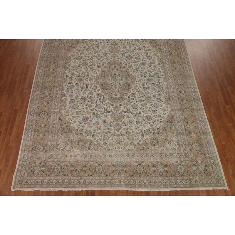 Hand Knotted Oriental 100% Wool Carpet Traditional Floral Beige & Ivories Kashan Area Rug - 12' 8'' X 9' 10''