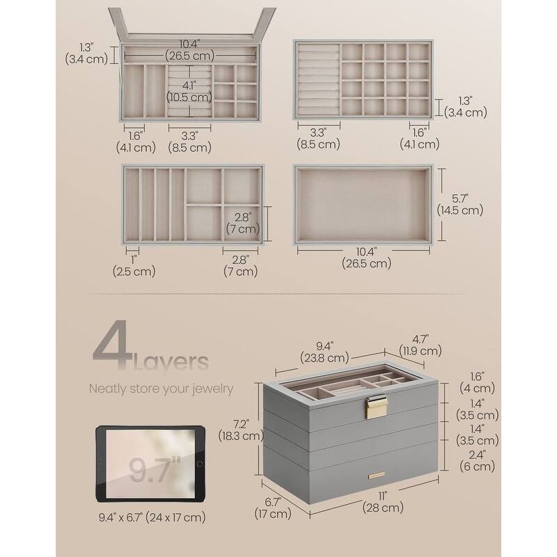 Multi-Layer Jewelry Storage Box with Stackable Trays and Soft Velvet Interior Protection and Glass Lid