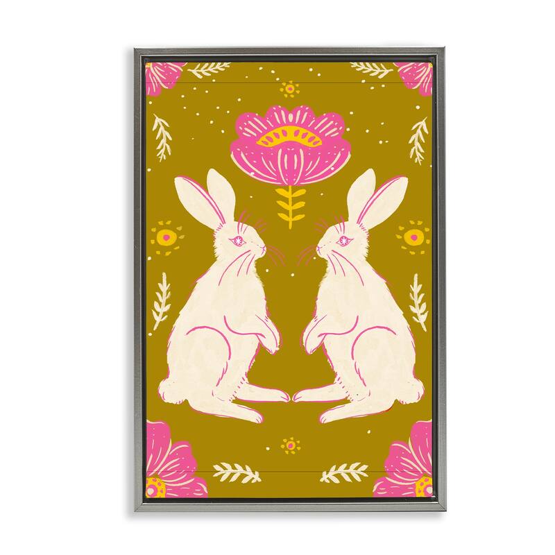 Stupell Mirrored Spring Bunnies Framed Floater Canvas Wall Art Design By Hannah Moren - 17 x 25 - Grey