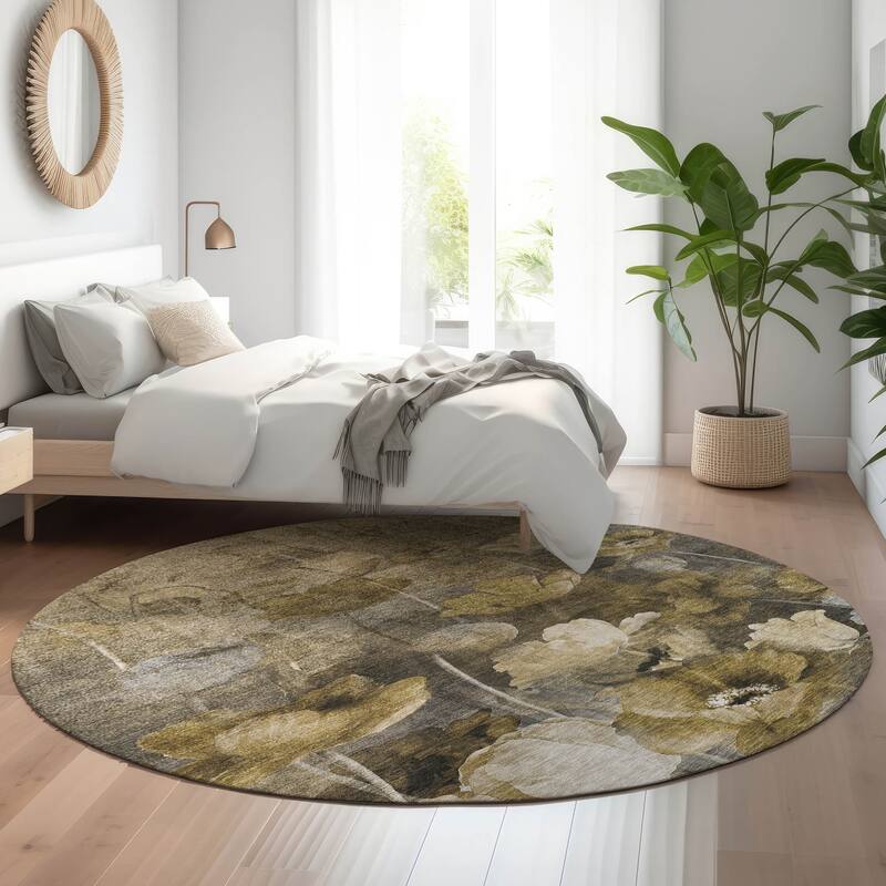 Premium Washable Super Soft Contemporary Floral Mayfield Rug - Taupe - 8' x 8' - Round