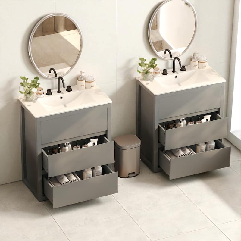 60" Double Sink Bathroom Vanity Set with Two 30" Cabinets, Ceramic Sinks, Soft Close Drawers