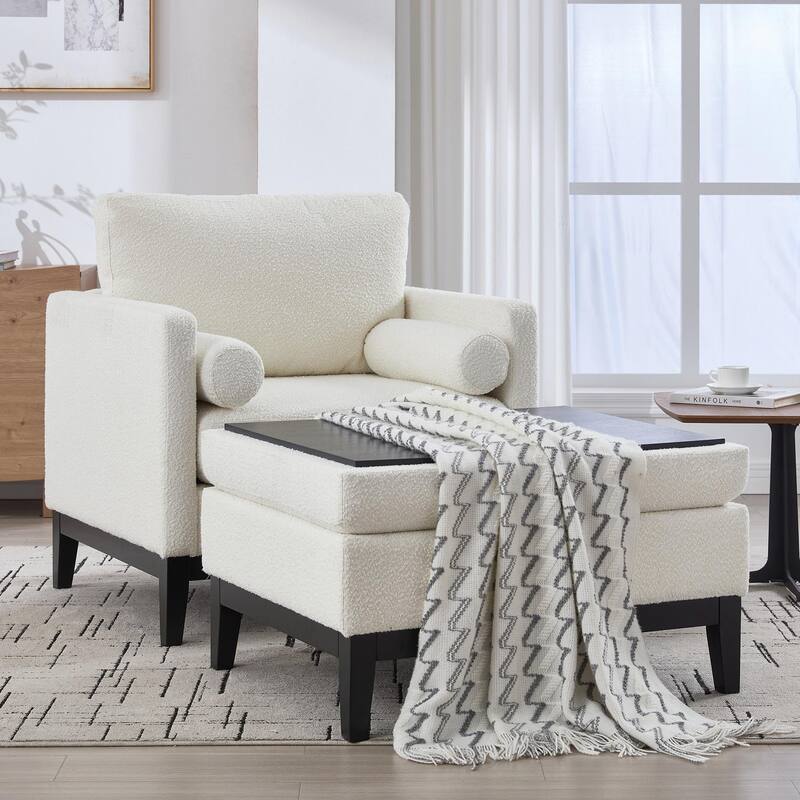 Boucle Armchair with Storage Ottoman - 300lb Capacity, Farmhouse Style
