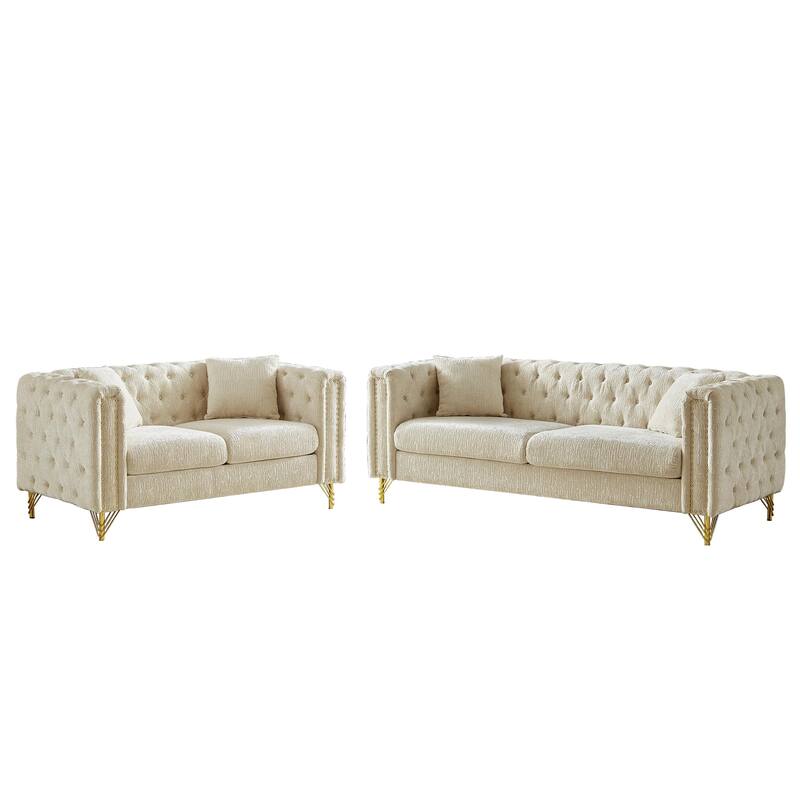 5-Seater Modern Chenille Sofa, Button Tufted with Metal Legs and Nailhead Trim