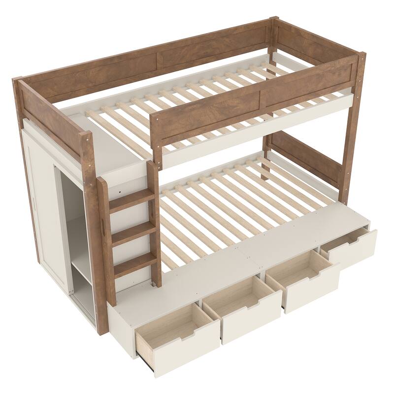 Twin over Twin Bunk Bed with 4 Drawers & Wardrobe - Solid Wood, Full-Length Guardrails, No Box Spring