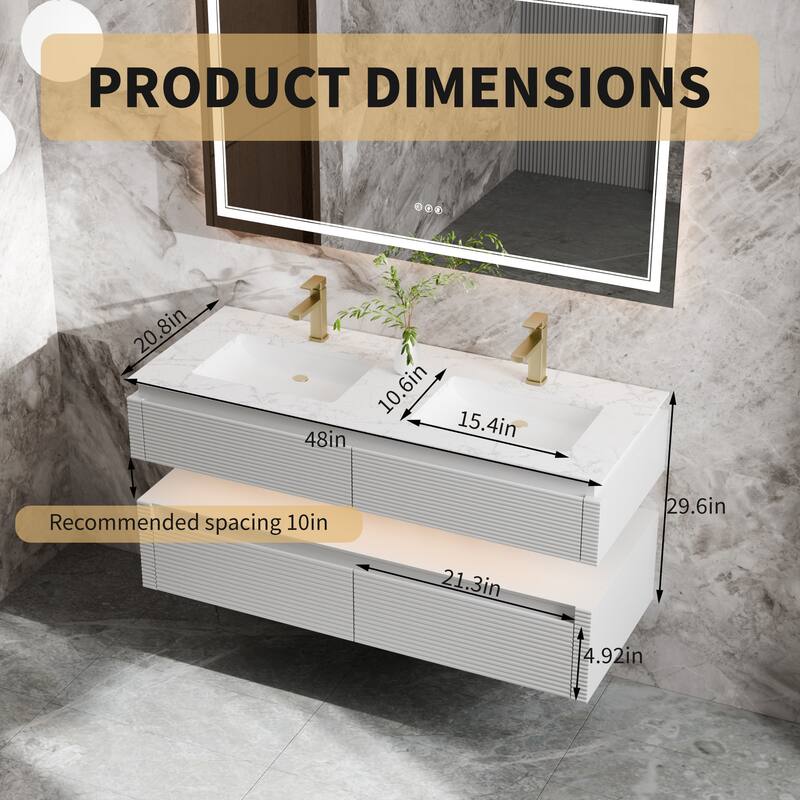 Modland 48" Modern Wall-Mounted Double Sink Bathroom Vanity with Engineered Stone Countertop,LED Light