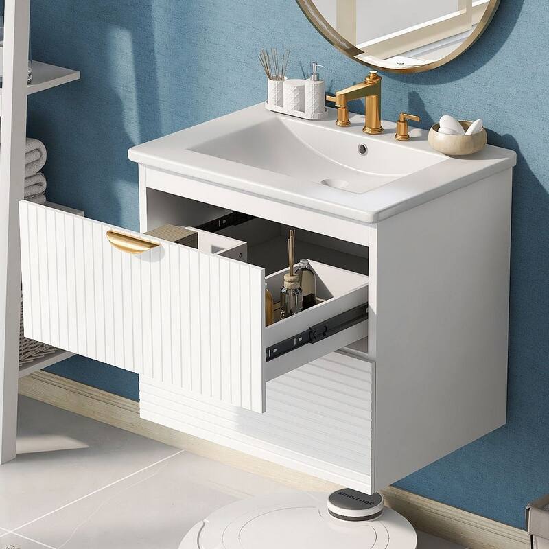24” Modern Wall Mounted Bathroom Vanity with Ceramic Sink and 2 Drawers