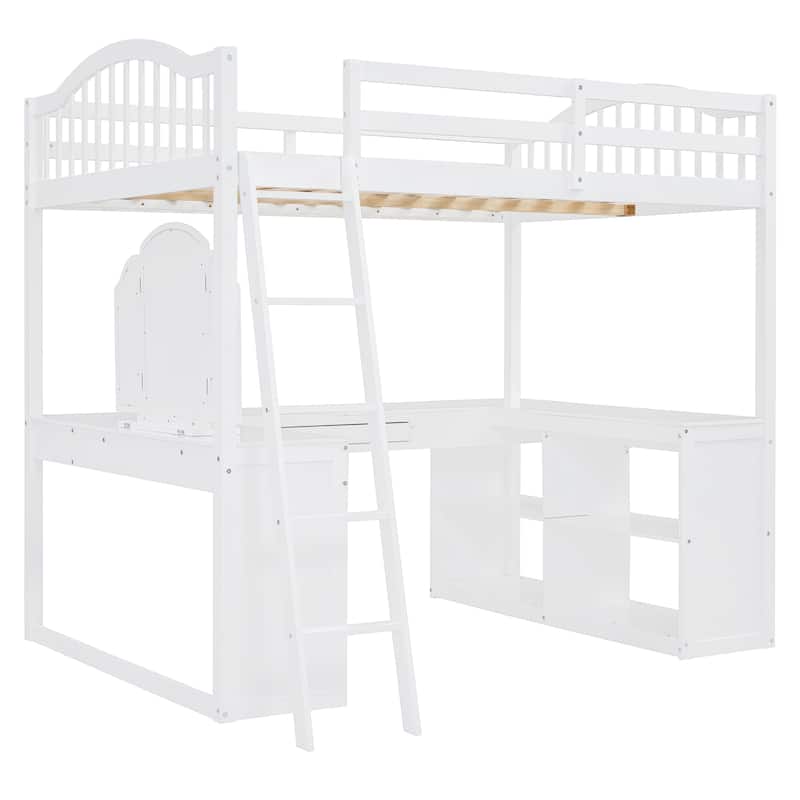 Full Wooden Loft Bed with U-shaped Desk,Storage Compartments and Tri-fold Mirror, White