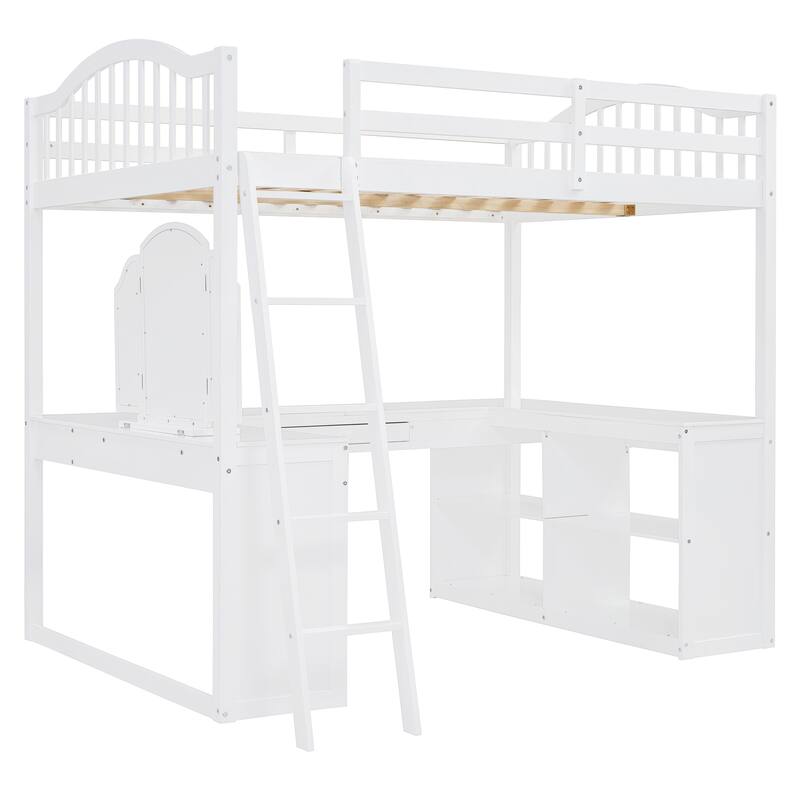 White Full Wooden Loft Bed with U-shaped Desk and Storage Compartments