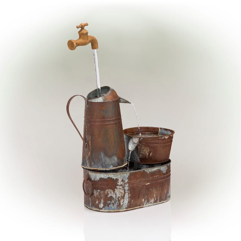 Alpine Corporation 34" Outdoor Rustic Watering Can Fountain Vintage Watering Can Design, Bronze and Silver