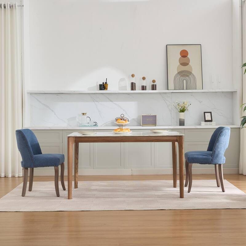 Fabric Upholstered Dining Chairs Set of 2, Kitchen Chairs with Curved Backrest, Accent Chair with Solid Wood Legs